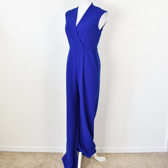 Calvin Klein V-Neck Faux Wrap Wide Leg Jumpsuit Royal Blue - 4 - Picture 4 of 9